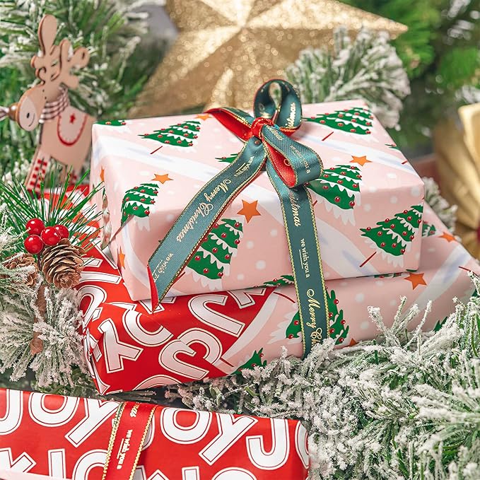 WRAPAHOLIC Reversible Christmas Wrapping Paper - Mini Roll - 17 Inch x 33 Feet - Christmas Tree Wrapping Paper with Joy Lettering Perfect for Holiday, Party, Celebration