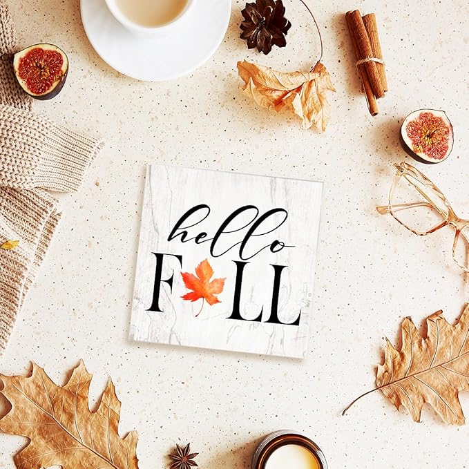 Funny Autumn Maple Leaves Wood Box Sign Hello Fall Leaves Wooden Block Desk Decor for Home Office Kitchen Cubicle Table Shelf Tabletop,Farmhouse Fall Sign Decor