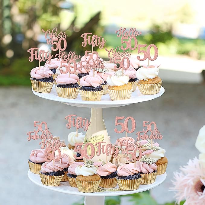 30PCS Happy 50th Birthday Cupcake Toppers Glitter Hello 50 Fabulous Fifty Cheers to 50 Years Old Birthday Cupcake Picks for Happy 50th Birthday Anniversary Party Cake Decorations Supplies Rose Gold