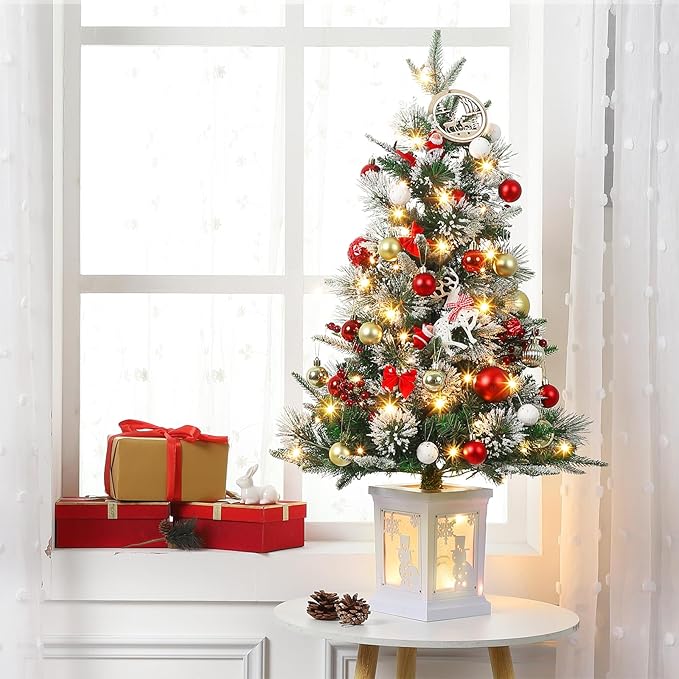 3 ft Mini Christmas Tree with Premium 78 Warm White Led, 8 Mode Xmas Pine Tree for Christmas Decoration, Party Decoration, Home, Office, Snow Flocked White Base 2 Pack