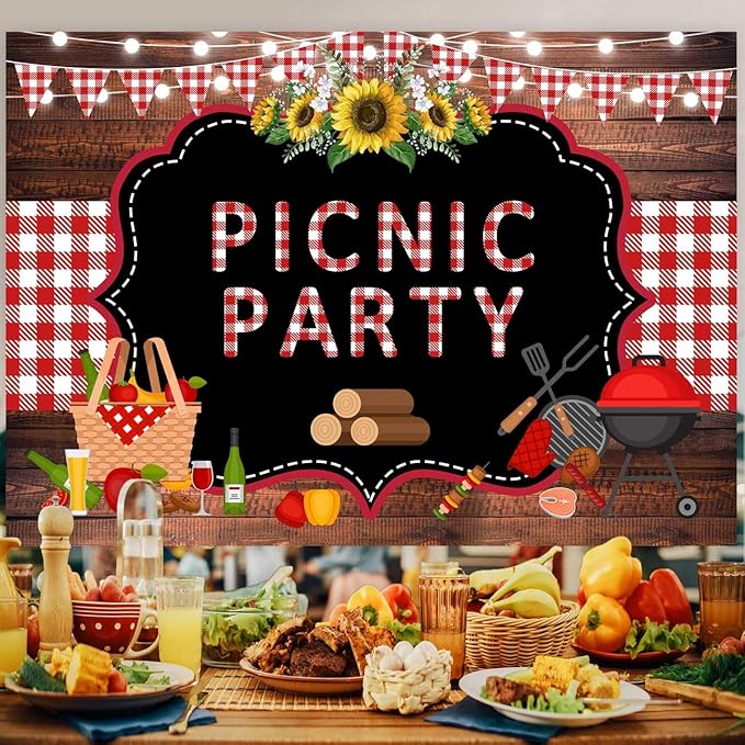 Sensfun Picnic Party Backdrop Wooden Gingham Red White BBQ Birthday Baby Shower Photography Background Sunflower Summer Outdoor Barbecue Party Decorations Banner Photo Booth Props 10x7ft