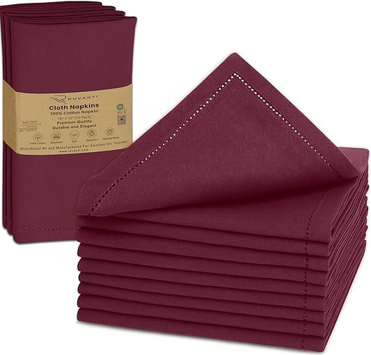 Ruvanti Cloth Napkins - 100% Cotton Dinner Napkins, Hem Stitched Corners, 18x18 Inch, 12 Pack - Soft, Absorbent, Durable, Reusable, Wrinkle Resistant for Formal Dining & Everyday Use - Burgundy