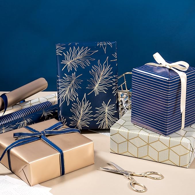 WRAPAHOLIC 30 Inch Navy Wrapping Paper - Jumbo Roll Gold and Navy Print with Cut Lines for Christmas, Birthday, Holiday, Father's Day, Baby Shower - 4 Rolls - 30 Inch x 120 Inch Per Roll
