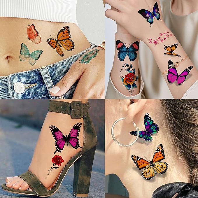 24 Sheets 155+ PCS 3D Colorful Butterfly Temporary Tattoos For Women Arm Boobs, Watercolor Butterfly Tattoos Stickers, Long Lasting Small Fake Tattoos For Kids Girls Adult Neck Cholo Lavender