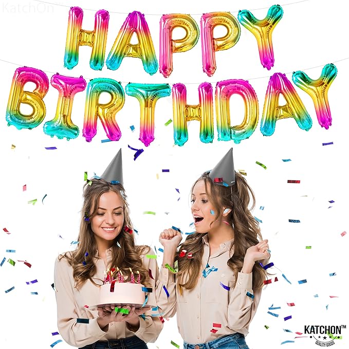 KatchOn, Rainbow Happy Birthday Balloon Letters - 16 Inch | Birthday Decorations for Women, Men, Boys and Girls | Hbd Foil Balloon Banner Backdrop For Neon Party Decorations | Birthday Signs For Party