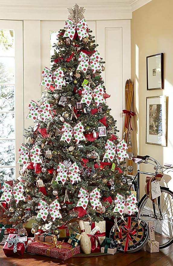 SIMISI RIBBON Christmas Tree Bows Wreaths Graland Xmas Party Decorations Red Green Polka Dot Ornaments (6 * 6 Inches, 12 Pcs)
