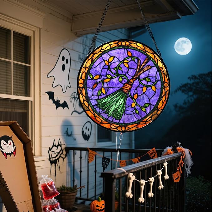 Stained Glass Window Hanging - Halloween Decorations Witch Magic Broom Suncatcher for Doors Garden Spooky Funny Purple Sun Catchers Gothic Decor Horror Gifts for Women Men Friend 11.8 in
