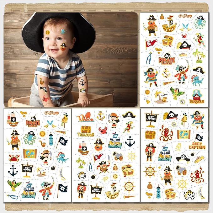 Kids Pirate Temporary Tattoo-110 Glitter Style Fake Tattoos for Boys Girls Jake Captain Skull Crew Treasure Pirate Ship Anchor Waterproof Body Face Tattoos Stickers Nautical Party Favors Decorations