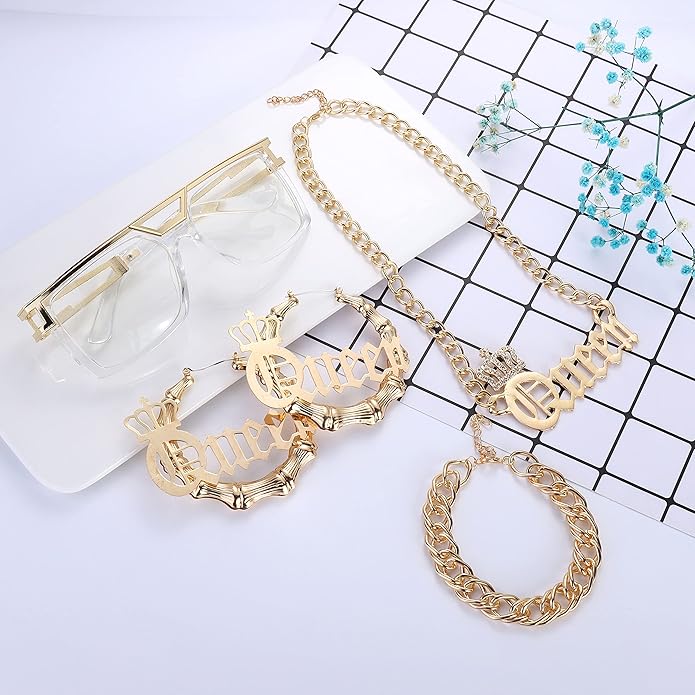 THUNARAZ 80s/90s Hip Hop Queen Costume Kit for Women Rapper DJ Punk Rapper Costume Jewelry Accessories Set