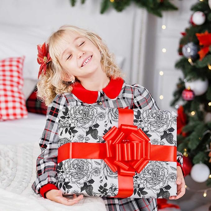 YXTII Black and White Wrapping Paper with Cut Lines, Flower Gift Wrap for Birthday, Wedding, Baby Shower, Valentines, Christmas, Bridal Shower, 17 Inches x 9.8 Feet, Mini Roll