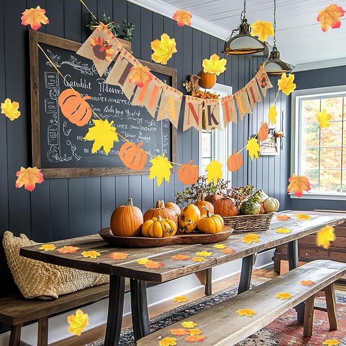 Fall Party Decorations, with Pre-Strung Thankful Burlap Banner and 100 Pcs Maple Leaf Confetti for Autumn Thanksgiving Home Decorations