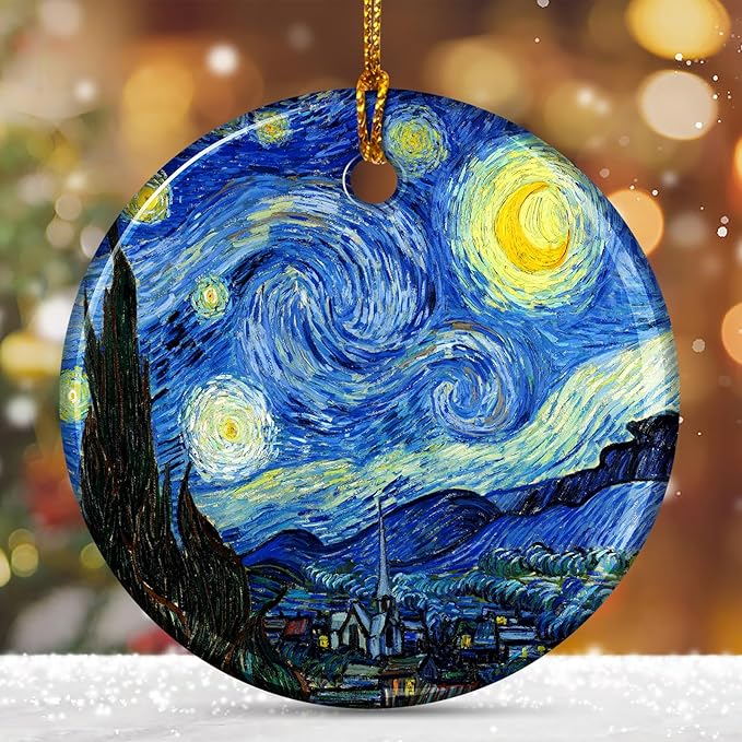 Starry Night Style Christmas Ornaments, Christmas Ornaments Ceramic Art Ornament Starry Night by Van Gogh – Artist Ornaments for Christmas Tree, Elegant Blue Ornaments for Tree, Art Holiday Decor