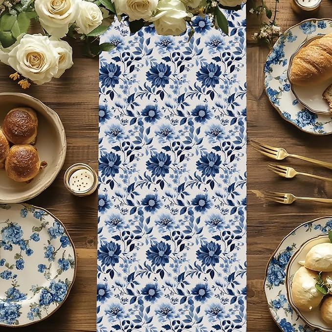LaRibbons Reversible Blue Floral Wrapping Paper Roll, 17 Inch x 33 Feet (46.7 Sq. Ft), Blue White Peony Design Chinoiserie Gift Wrap for Wedding, Bridal Shower & Birthday
