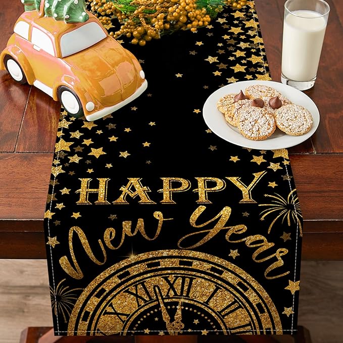 Seliem Happy New Year 2026 Table Runner, Black Gold Stars Clock Celebration Kitchen Dining Table Decor, Golden Fireworks Christmas Winter Home Decoration Indoor Outdoor Party Supply 13 x 72 Inches