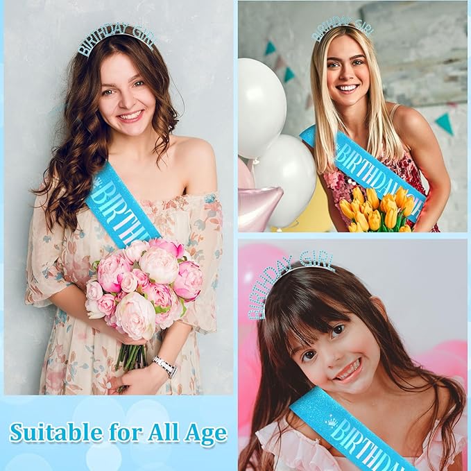 CAVETEE Birthday Girl Crown and Sash， Princess Tiara Happy Birthday Headband Party Accessories for Women and Girls