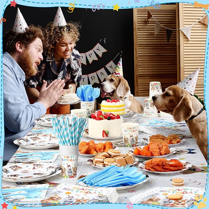 452 Pcs Dog Birthday Party Decorations for 50 Guests Include Dog Paper Plates Napkins Cups Tablecloth Cutlery Straws Puppy Party Tableware for Puppy Theme Birthday Supplies