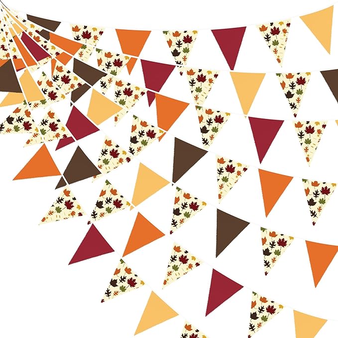 31Ft Fall Party Decorations Orange Brown Fall Maple Leaves Banner Fabric Triangle Flag Pennant Garland Streamers for Happy Fall Thanksgiving Day Harvest Autumn Birthday Outdoor Garden Hanging Decor