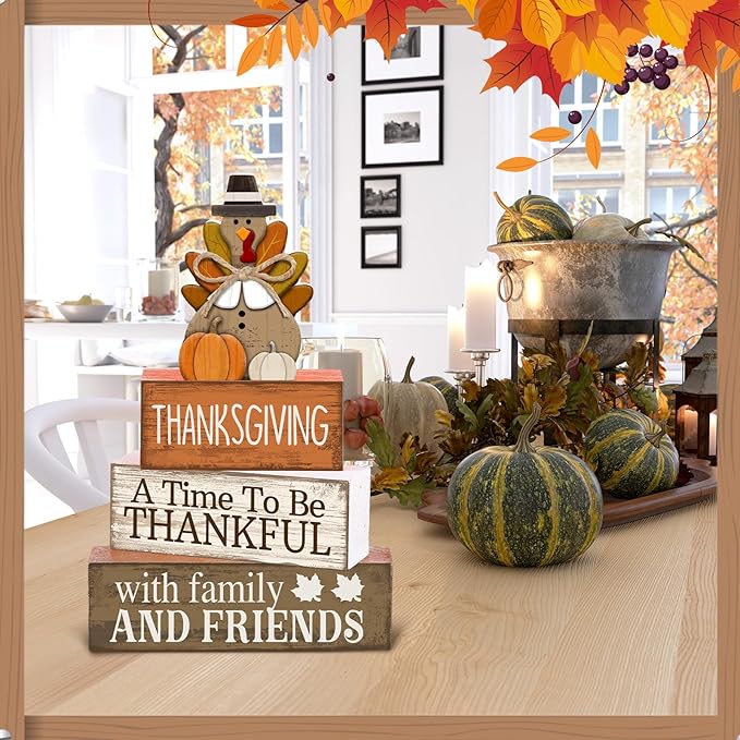 4 Pcs Thanksgiving Decoration for Home Wooden Turkey Decor Thanksgiving Table Centerpiece Fall Tiered Tray Decor Rustic Decorative Turkey Block Signs Gift for Home Kitchen Shelf