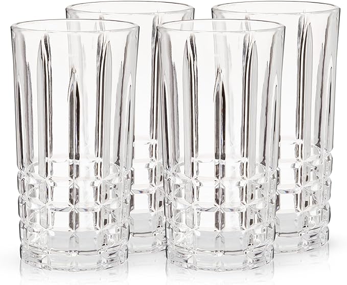 Viski Highland Highball Drinking Glasses Set of 4 - Premium Crystal Square Cut Tall Cocktail Glassware Gift Set, 12 oz