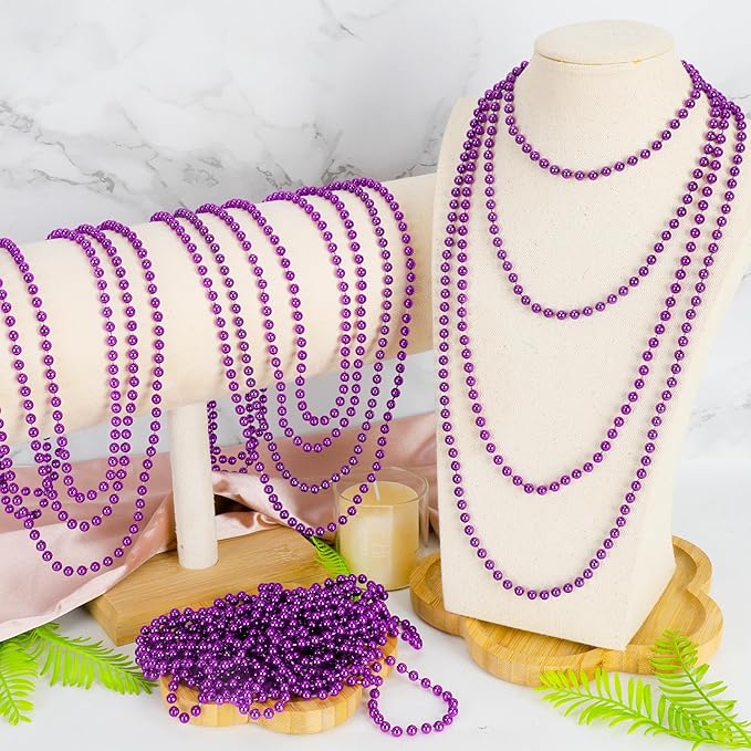 24 PCS Purple Beads Party Favors, 33" Purple Beads Necklaces Bulk, Mardi Gras Beaded Costume Necklaces for Parade Throws, Beaded Accessory Set for Carnival Festive Celebrations Event