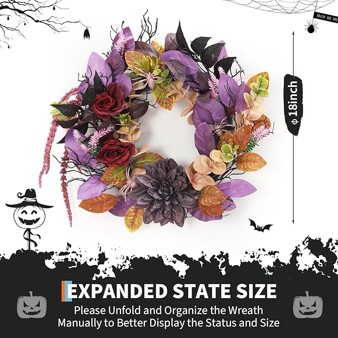 18 Inch Halloween Wreath for Front Door, Gothic Wreath with Spiders and Black Roses, Creepy Outdoor Indoor Decor for Window, Mantel, Wall, Fireplace - Durable Artificial Decorations
