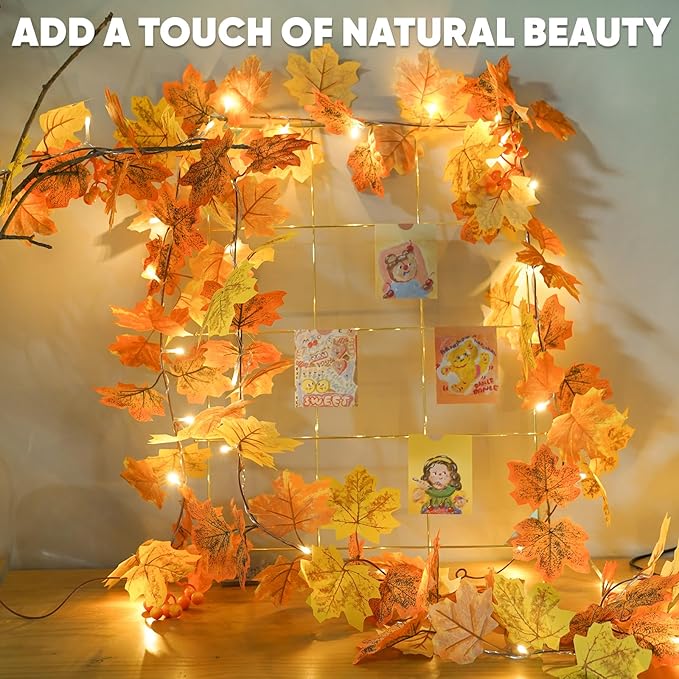 suddus Fall Leaves Garland with Lights, 20LED Battery Operated Fall Lights with Timer, Thanksgiving Decoration for Home, Table, Mantle, Office, Outdoor, Autumn, Halloween, Yellow