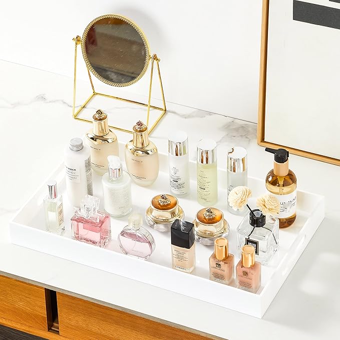 Glossy White Sturdy Acrylic Serving Tray with Handles 12x20x2H Inches -Spill Proof- Decorative Trays Countertop Organizer for Ottoman Coffee Table Nightstand, sidetable, Breakfast, Tea, Food