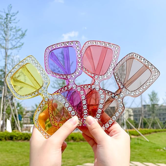 10/20 Pack Crystal Oversized Square Sunglasses Retro Diamond Glitter Sparkling Disco Glasses Party Favors