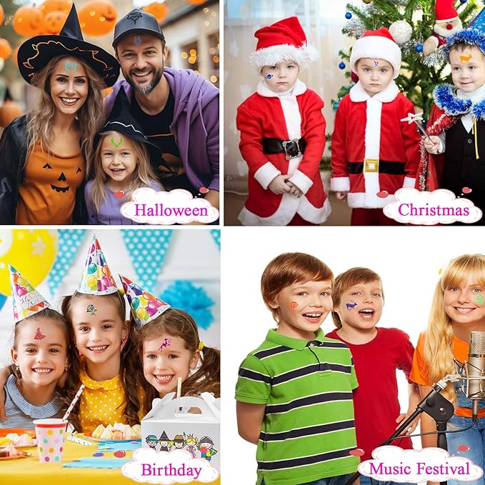 Temporary Glitter Tattoos Kit Kids, 48 Colors Powder with 209 Temporary Tattoo Stencils and 5 Luminous Tattoo Stickers, Body Nail Arts and Craft Glitter Make Up Kit, Gifts for Girl Boy Party