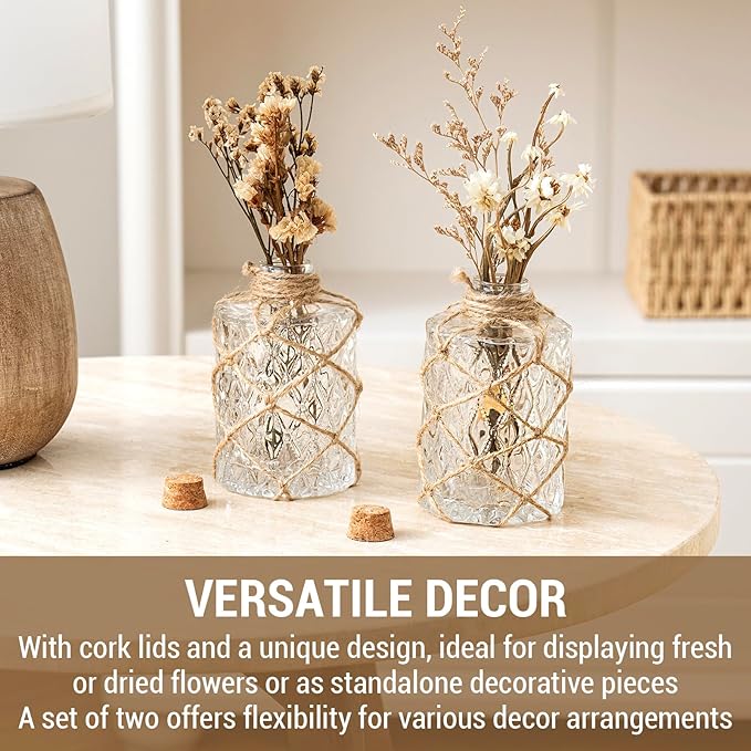 MyGift Set of 2 Rustic Embossed Glass Bud Vases with Cork Lids and Hand-Woven Hemp Rope – Apothecary Style Decorative Bottles for Farmhouse, Vintage, or Boho Home Decor