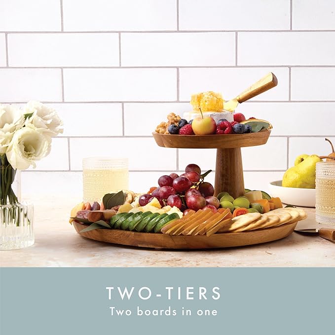 Charcuterie Boards Gift Set - Acacia Two-Tier Serving Tray Cupcake Stand Display with Knife Set and Bowls for Entertaining