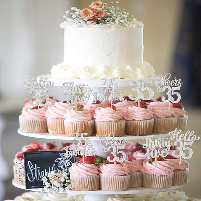 30PCS Happy 35th Birthday Cupcake Toppers Glitter Hello 35 Fabulous Thirty Five Cheers to 35 Years Old Birthday Cupcake Picks for Happy 35th Birthday Anniversary Party Cake Decor Supplies Silver