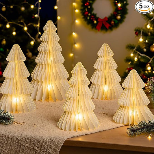 5 Pcs Christmas Table Decorations Indoor, 3D Honeycomb Paper Christmas Trees, Light Up Vintage Table Centerpieces for Christmas Winter Wonderland Holiday Party Weddings Home Decor, 8/10/12 Inch