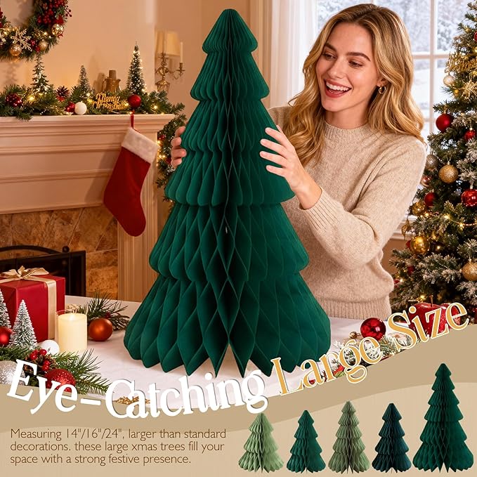 5Pcs Extra Large Christmas Table Decorations Green Paper Christmas Trees, Light Up Honeycomb Xmas Tree Centerpieces for Tables Christmas Frozen Winter Wonderland Party Vintage Home Decor 14/16/24 Inch