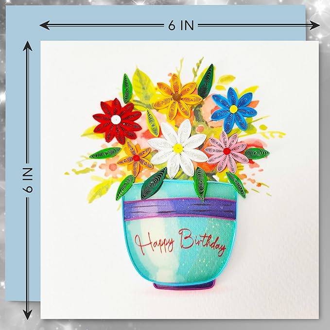 Quilled Birthday Card - Happy Birthday Quilled Daisies Greeting Cards for Women - Blank Inside Quilling Cards for Woman- 6x6 Handmade 3D Paper Art Design with Luxury Blue Envelope (Daisy)