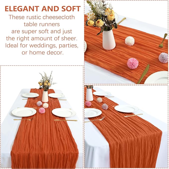 6 Pack Fall Table Runner Orange Cheesecloth 10FT Boho Gauze Fabric Table Runner 35 x 120 Inch Rustic for Thanksgiving Wedding Decor Holiday Party Boho Decoration(Orange)