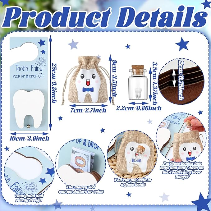 Tooth Fairy Holder Bag Hanger with Money Slot Keepsake Bottle Velvet Pouch Tooth Fairy Box Encourage Gift for Lost Teeth Boy Girl Milk(Classic,Blue Brown)