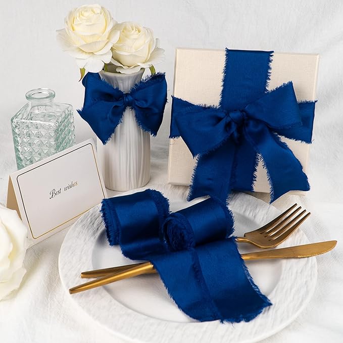 Satin Silk Ribbon, Royal Blue Ribbon for Wrapping, 1-1/2 inch x 15 Yd Handmade Frayed Fringe Ribbons, for Wedding Engagement Graduation Showers Crafts Bouquets Invitation Decor, 3 Rolls
