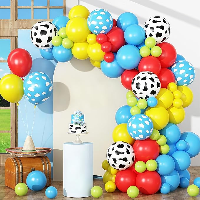 Red Yellow Blue Balloons Arch Kit Red Blue Green Yellow Latex Balloon Garland with Cow Print Party Balloons for Kids Boys Birthday Party Farm Themed Party Decorations