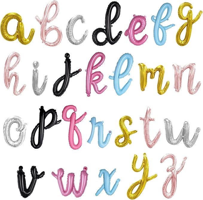 BALLOON VIBE Cursive Letter Balloons - Custom Phrase Script Foil Alphabets & Numbers with Straws, Ribbon and Adhesive Dots - Balloon Banner for Birthday, Anniversary, or Any Other Occasion - 6 Colors