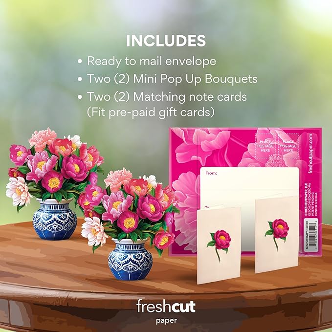 Freshcut Paper Pop Up Cards, Mini Peony Paradise (Set of 2), 6 Inch Mini Sized Forever Flower Bouquet 3D Popup Greeting Cards, Birthday Cards, Thank You Card, Teacher Gifts, Blank Notecard & Envelope