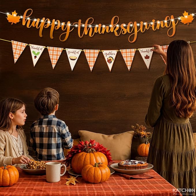 KatchOn, Happy Thanksgiving Banner with LED Light - 10 Feet, No DIY | Lighted Thanksgiving Decorations Indoor, Outdoor, Fall Maple Leaf Garland for Harvest Decorations | Turkey Decor, Wall Decoration