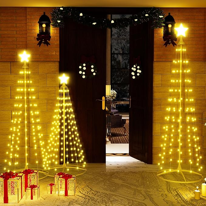 Lamerge 3pcs Christmas Cone Tree Lights(4ft+5ft+6ft), Christmas Tree Decorations Light Up Tree, 448 Warm Lights,Artificial Christmas Decorations for Indoor Outdoor Holiday Party Decor