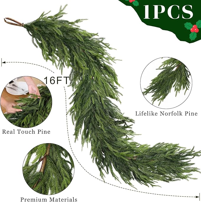 16FT Real Touch Norfolk Pine Garland - Artificial Christmas Garland Fake Green Faux Pine Needles Garland for Table Fireplace Mantle Holiday Home Indoor Outdoor Decor (1PCS)