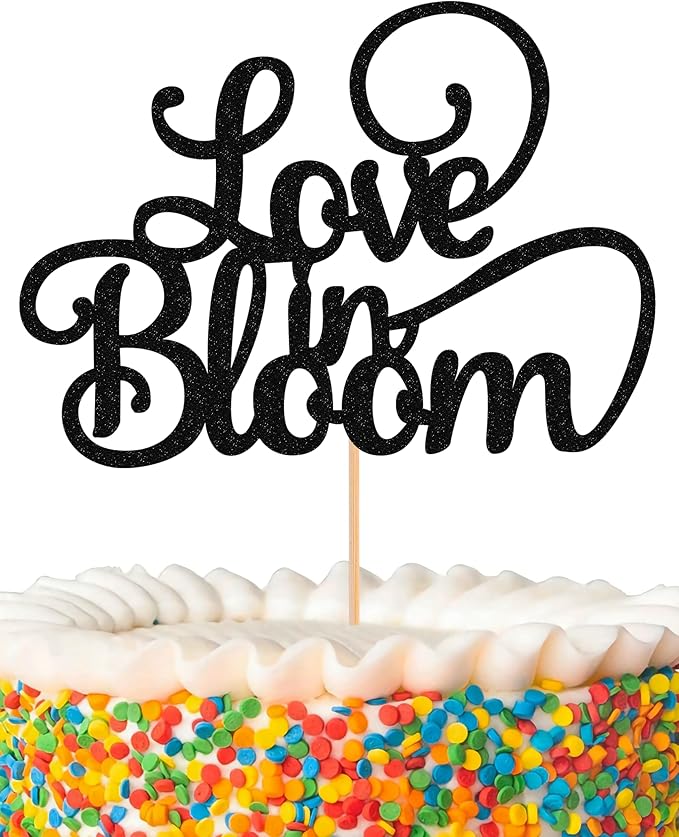 Love in Bloom Cake Topper - Glitter Black Bridal Shower Cake Decoration, Wedding & Engagement Cake Pick (Black)
