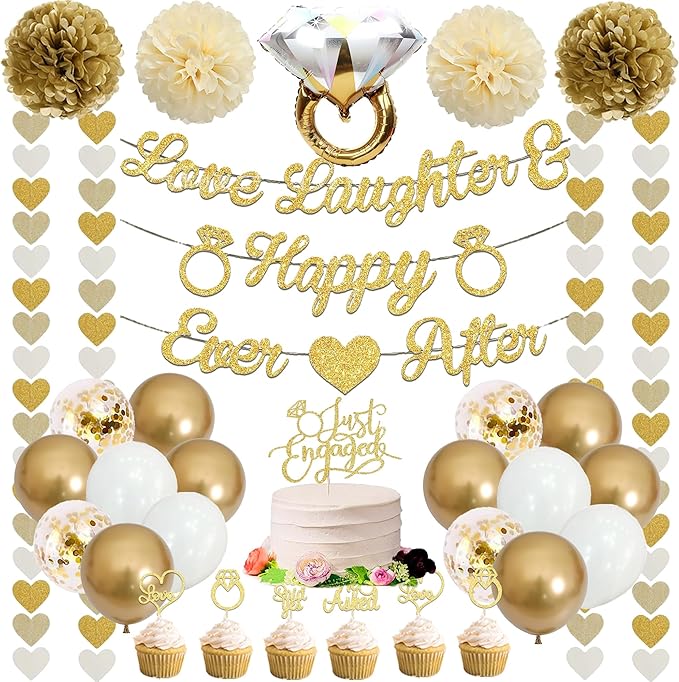 Vlipoeasn Champagne Gold Engagement Party Decorations, Just Engaged Supplies for Couple Includes 12" Gold & White Latex Balloons, Diamond Ring Foil Balloon, Cake Toppers, Paper Pompom