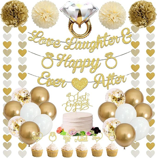 Vlipoeasn Champagne Gold Engagement Party Decorations, Just Engaged Supplies for Couple Includes 12" Gold & White Latex Balloons, Diamond Ring Foil Balloon, Cake Toppers, Paper Pompom