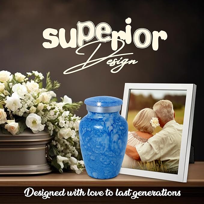 Small Keepsake Urn for Human or Pet Ashes – Handcrafted Aero Blue Marble Mini Urn with Velvet Bag & Gift Box | Durable Metal Memorial Token Jar for Baby, Infant, Pet or Loved One – 3 Cu in