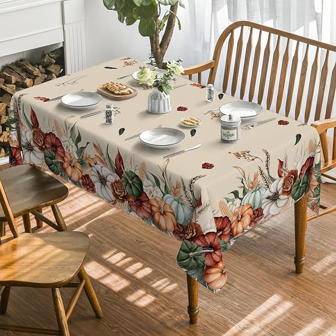 Horaldaily Fall Tablecloth 60×84 Inch Rectangular, Flower Autumn Harvest Pumpkin Washable Seasonal Table Cover for Party Picnic Dinner Decor