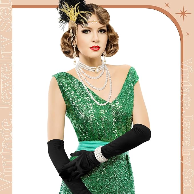 Maitys 1920s Accessories Set for Women Flapper Costume Feather Headband Necklace Bracelet Earrings